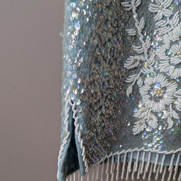 Vintage Regalia Imports Sequin Tank White Floral Beads on Blue Wool L - Picture 11 of 16